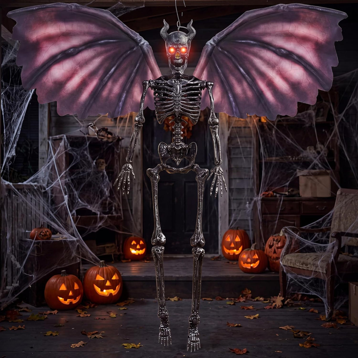 JOYIN 5FT Halloween Devil Skeleton Decor, Posable Life Size Skeleton, Full Bo...