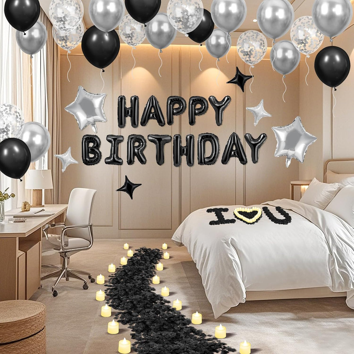 black happy birthday balloons decorations silver and black, side view