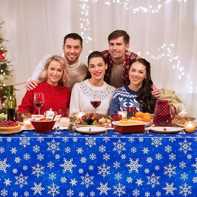 Jectivs 3 Pieces Christmas Snowflake Plastic Party Tablecloth Decorations,White Snowflake Blue Xmas Backdrop Sign Table Cover Banner for Winter Christmas Holiday Party Supplies,54x108 inch (Blue)