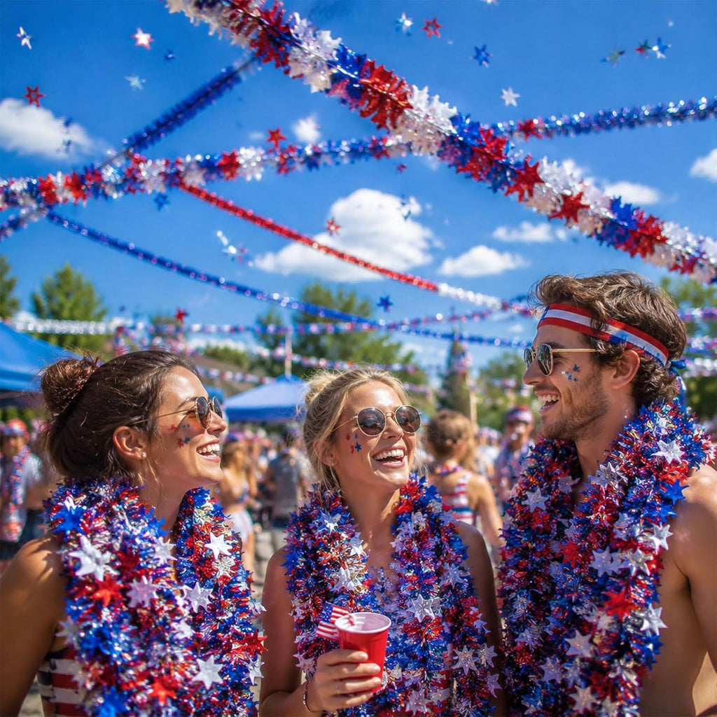 52.5Ft 4th of July Garland, Patriotic Red White and Blue Star Glitter Tinsel Twist Garland, 4th of July Decorations for Car Bike Golf Cart Independence Day Memorial Day Decor