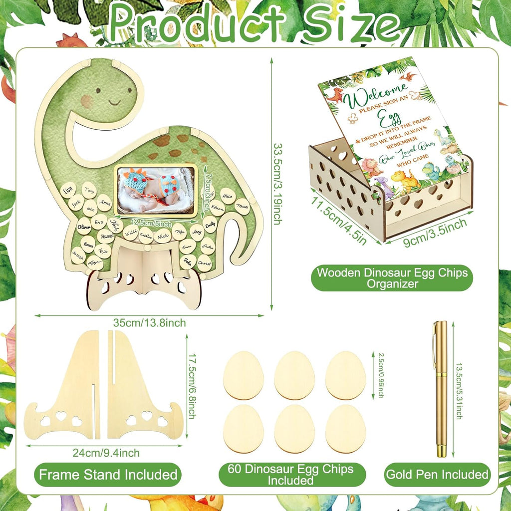 Wenqik 63 Pcs Dinosaur Baby Shower Guest Book Alternatives Set Baby Shower Decorations with Photo Frame Sonogram Frame Keepsake 60 Wood Slices Guest Book for Birthday
