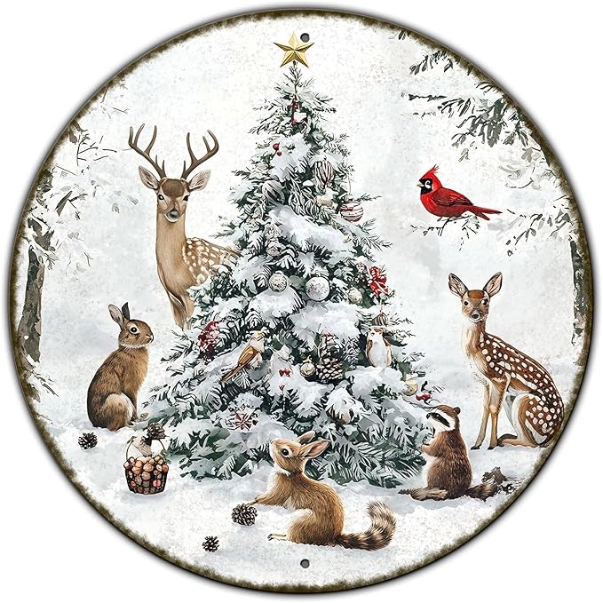 Round Christmas Snow Animals Metal Tin Sign - Vintage Christmas Tree & Winter Sign for Home & Outdoor Decorations - 8 * 8 in