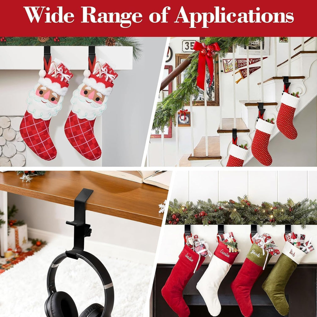 Fireplace Stocking and Garland Hanger, 2 in 1 Mantel Hanger for Garland, Fireplace Stocking Holders for Mantle Garland Hooks for Xmas Holiday Home Party Decoration (Black,3)