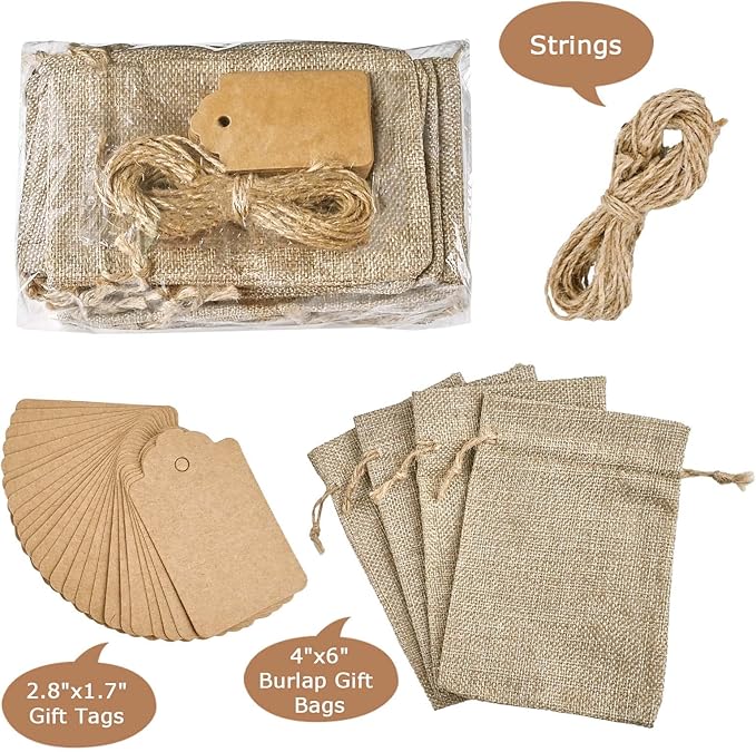 Jutieuo 25pcs Small Burlap Bags with Drawstring - 4x6 Inch Reusable Premium Linen Sacks Bags with Tag and String, Mini Gift Bag for Wedding Party Favor, Jewelry Pouches, Coffee, DIY Craft