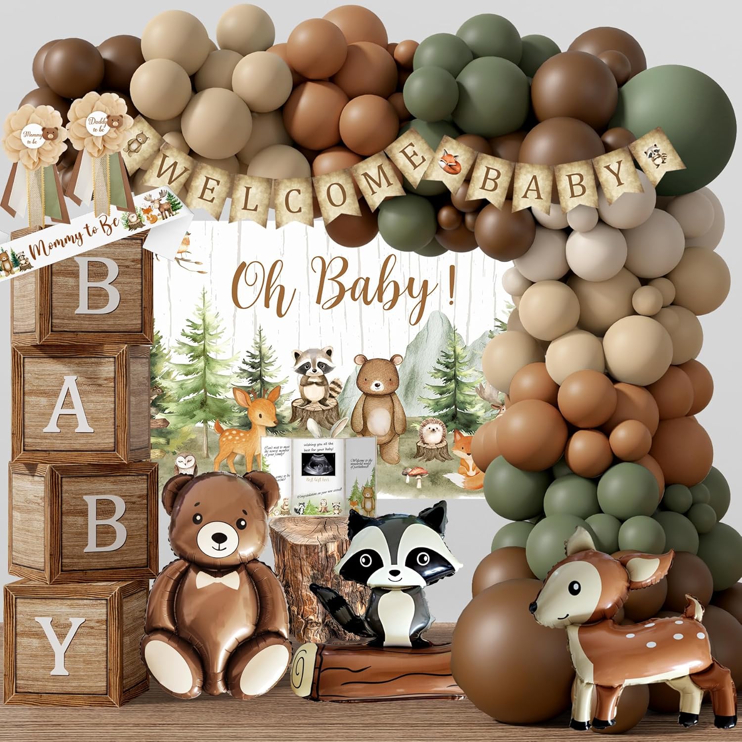 Woodland Animals Baby Shower Decoration Party Supplies, Forest Animal Neutral Gender Reveal Party Decorations, Backdrop Balloon Arch Box Mom to Be Sash Dad to Be Pin Tablecloths Cake Topper