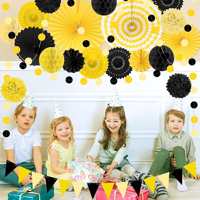 Black and Yellow Party Decorations, 23Pcs Hanging Paper Fans Birthday Decorations with Black Pom Poms Flowers for Boy Birthday, Bridal Shower, Baby Showers, Wedding