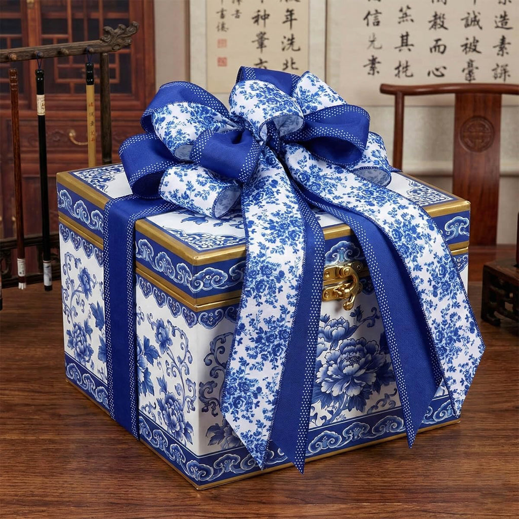 Blue Chinoiserie Wreath Bow, 21 Inch Large Spring Floral Wired Ribbon for Front Door, Grandmillennial Wedding Lantern Decor