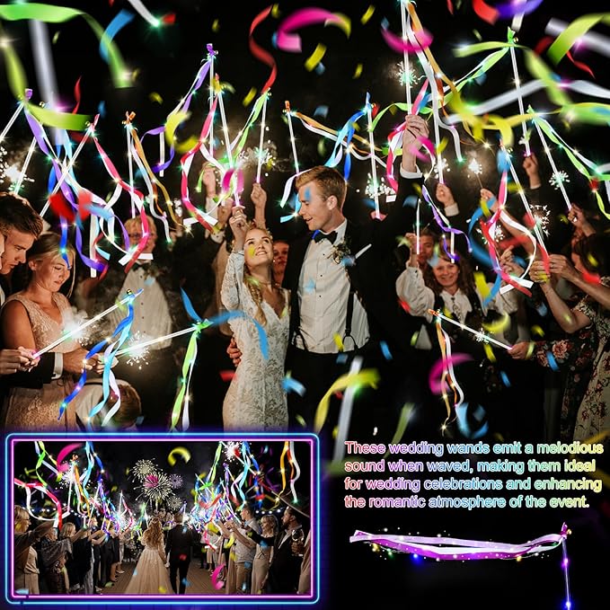 42 PCS Light Up Wands for Wedding, Wedding Favors with 3 Colorful Flashing Modes, LED Fairy Wands with Bells for Wedding Send Off, New Year, Raves, Concert, Birthday, Party Streamers