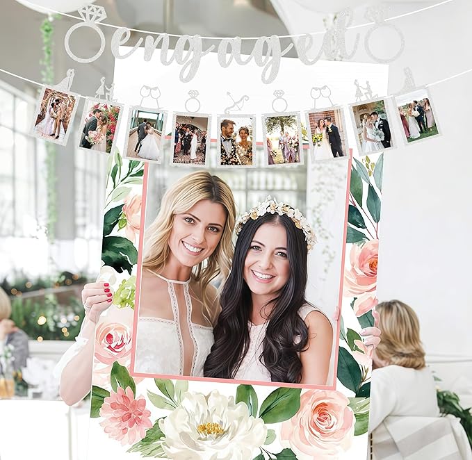 Pre-Strung Engaged Photo Banner - Silver Glitter Engagement Party Decoration Supplies with Romantic Memories Picture Card Frames for Bachelorette, Bridal Shower, Wedding Party Photo Booth Props