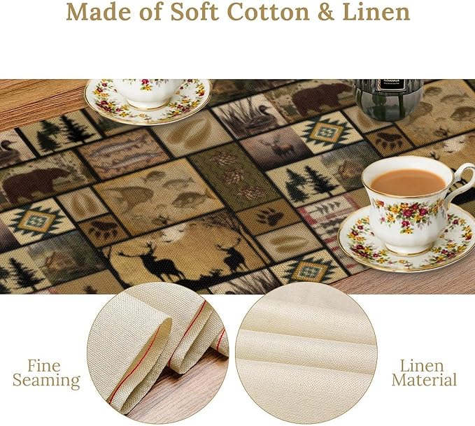 Vintage Deer Bear Table Runner, Fish Retro Farmhouse Cabin Lake Country Lodge Table Runner for Home Dinner Kitchen Living Room, 13x70 Inch