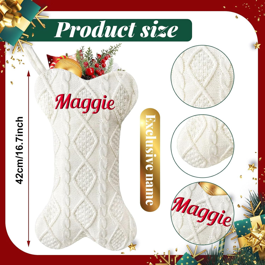 NIBESSER Personalized Dog Christmas Stockings Custom Name Knit Christmas Stockings 16.7” Large Xmas Stocking for Dogs Cats Pet Bone Shape Rustic Farmhouse Fireplace Hanging Ornament