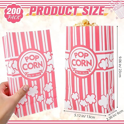 200 Pcs Paper Popcorn Bags Bulk 2 oz Large Flat Bottom Boxes Red and White Disposable Container Sleeve Movie Night Popcorn Bucket for Retro Movie Themed Party Carnival Supplies (Pink and White)
