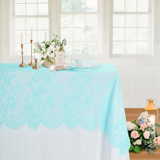 LuoluoHouse Lace Tablecloths Blue Chic Table Fabric 2pcs 60x120 Inch for Rustic Boho Wedding Bridal Shower Party Decoration Rectangle Overlay Blue Long Vintage Embroidered Reception Table Cloth Decor