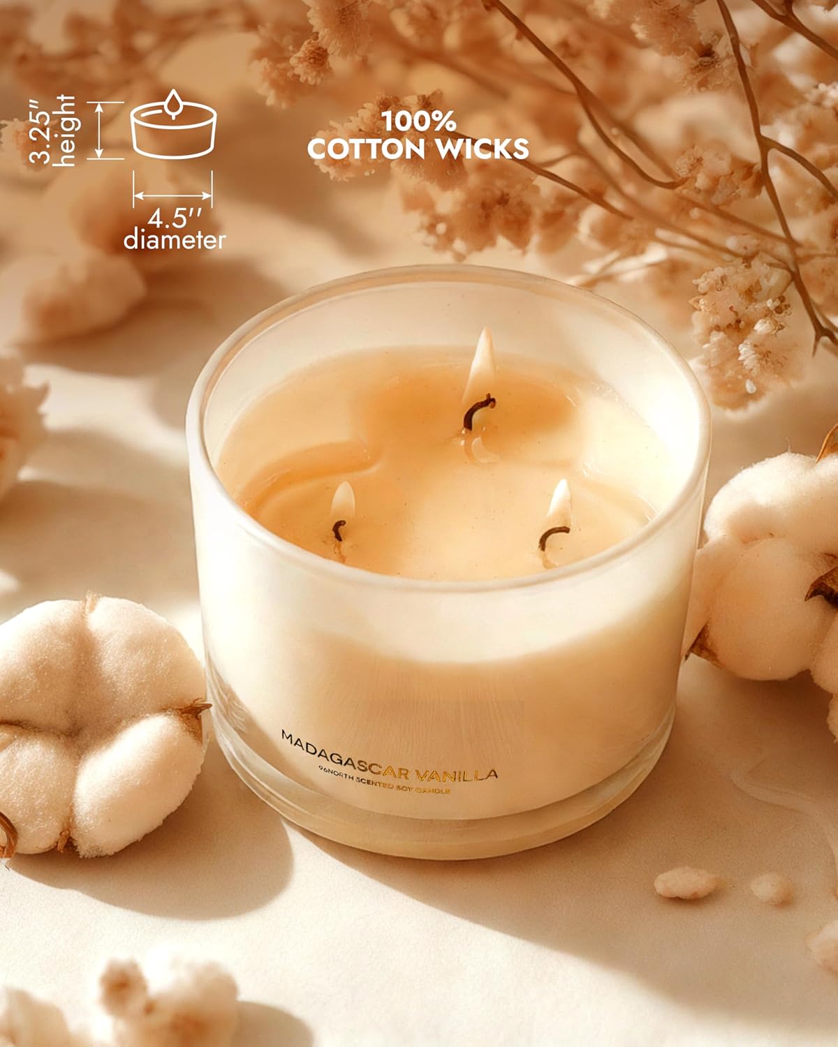 96NORTH Luxury Vanilla Soy Candles | Large 3 Wick Jar Candle | Up to 50 Hours Burning Time | 100% Natural Soy Wax | Relaxing Aromatherapy Aesthetic Candle | Housewarming Gift for Men and Women