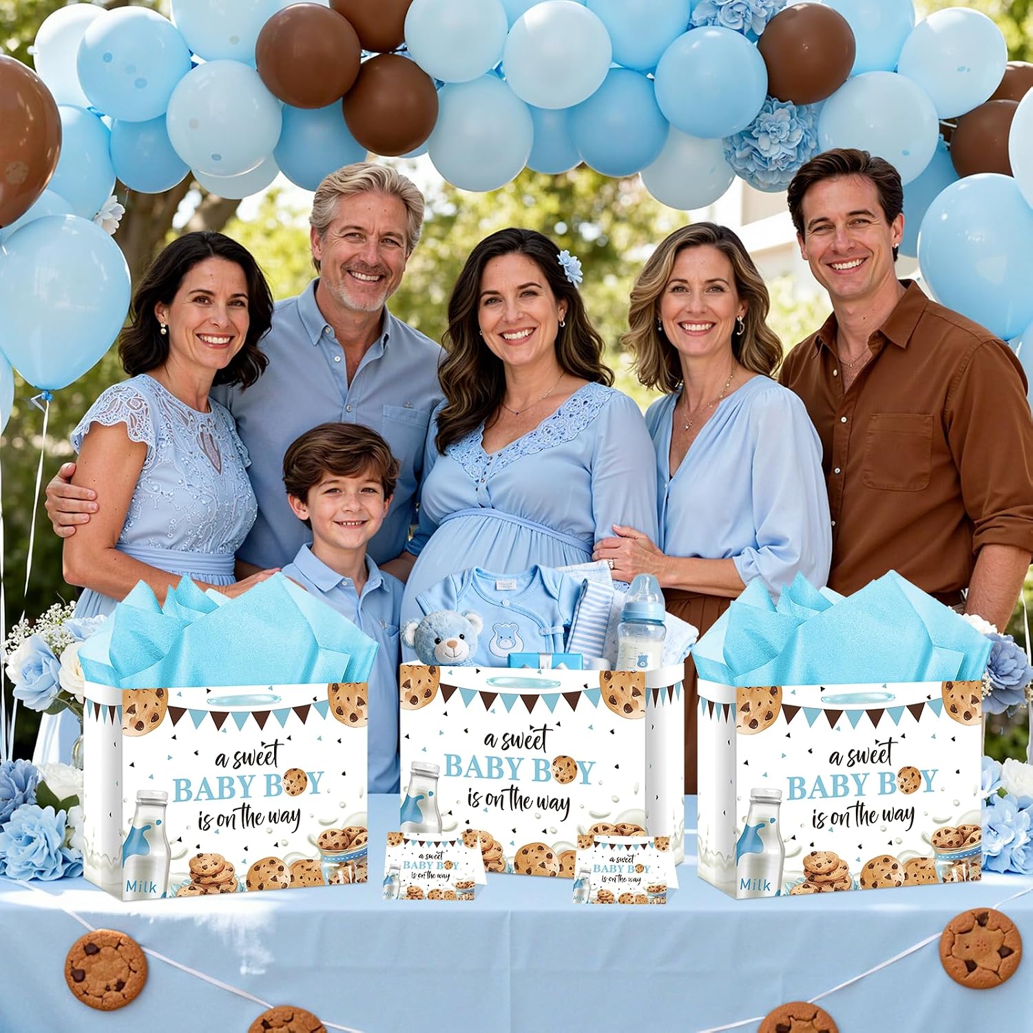 Frakron Baby Boy Shower Gift Bag with Card & Wrapping Tissue Paper Milk and Cookies Theme Party Supplies Large Blue A Sweet Baby Boy is on the Way Gift Wrap Bags for Newborn Gender Reveal Sprinkle