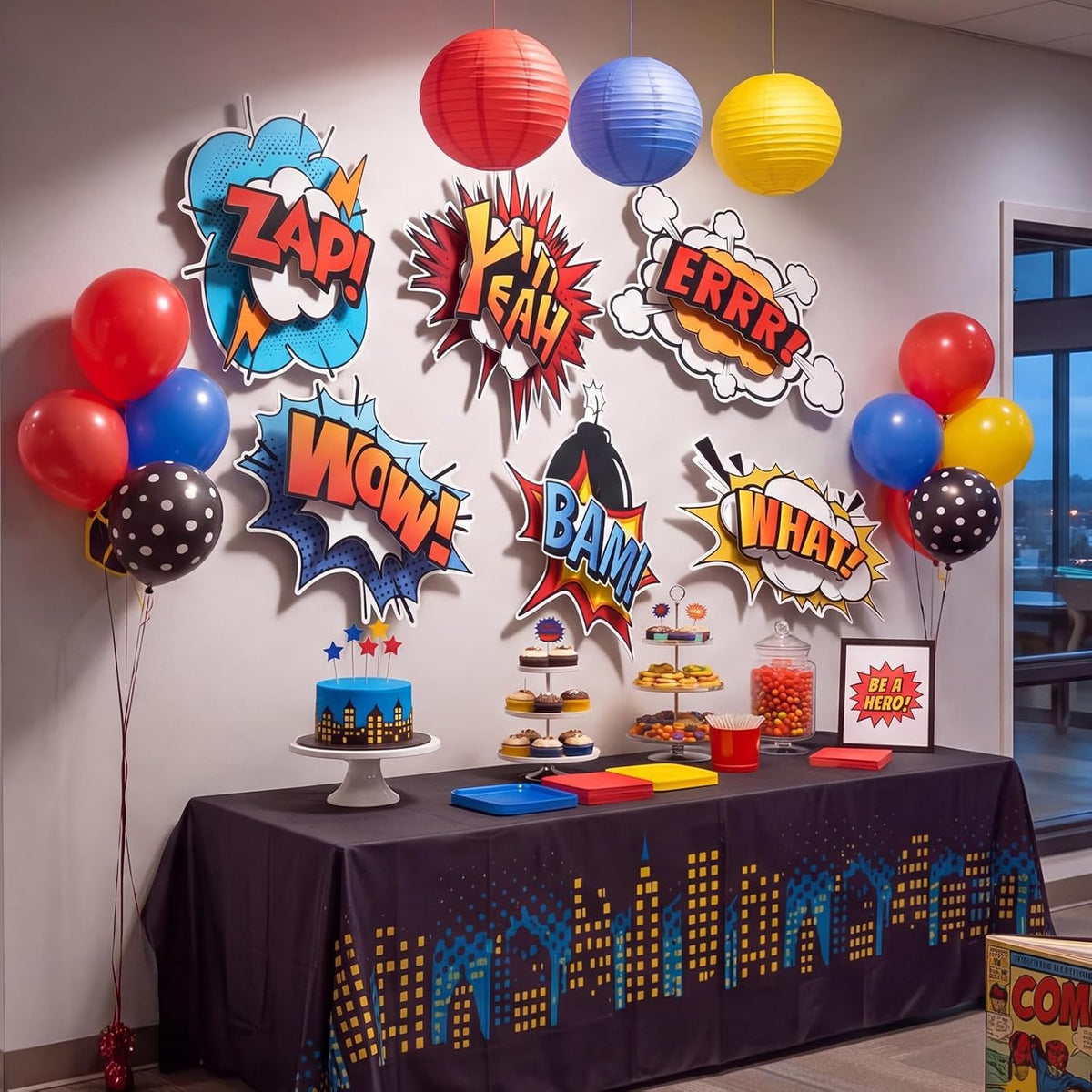 Preboun 6 Pcs Hero Party Decor 3D Multilayer Comic Action Cutouts, Large