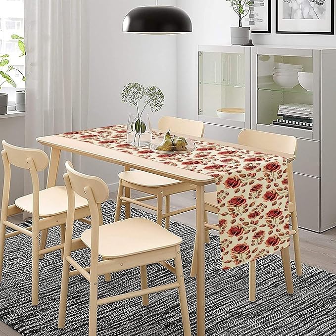Retro Rose Table Runner, Romantic Love Elegant Plant Red Golden Flower Print Table Runner for Kitchen Dinning Table Runner Decor Home Wedding Party Holiday, 13x120 Inch