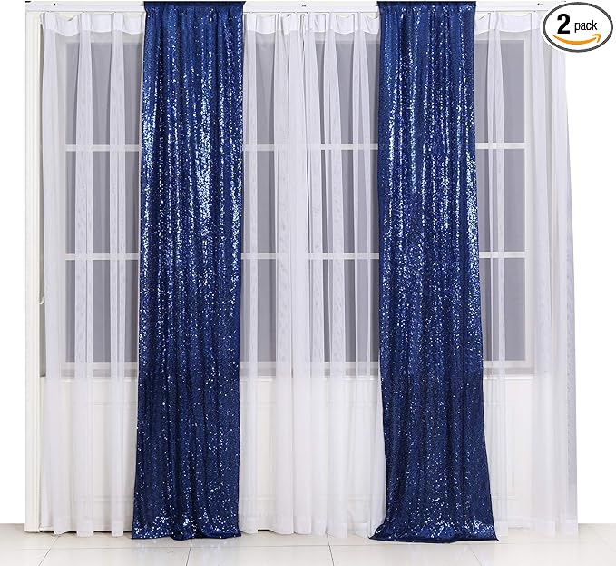 Poise3EHome 2ft x 8ft Blue Sequin Photography Backdrop Curtains 2 Panels for Party Decoration, Navy Blue