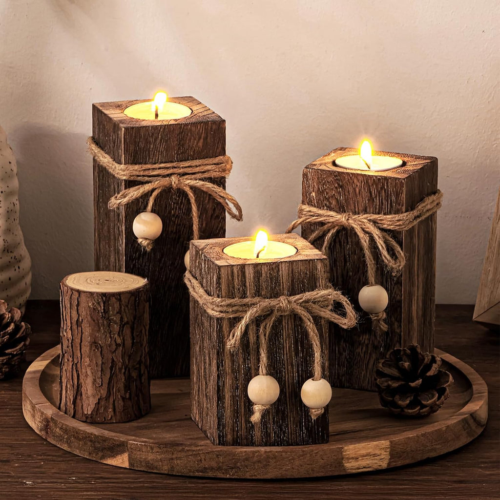 MelonBoat Rustic Wood Candle Holders: Farmhouse Candle Holders with Battery Operated Candles，Rustic Farmhouse Decor, Flameless LED Candles 3-Pack for Living Room Party Holiday Home Decor