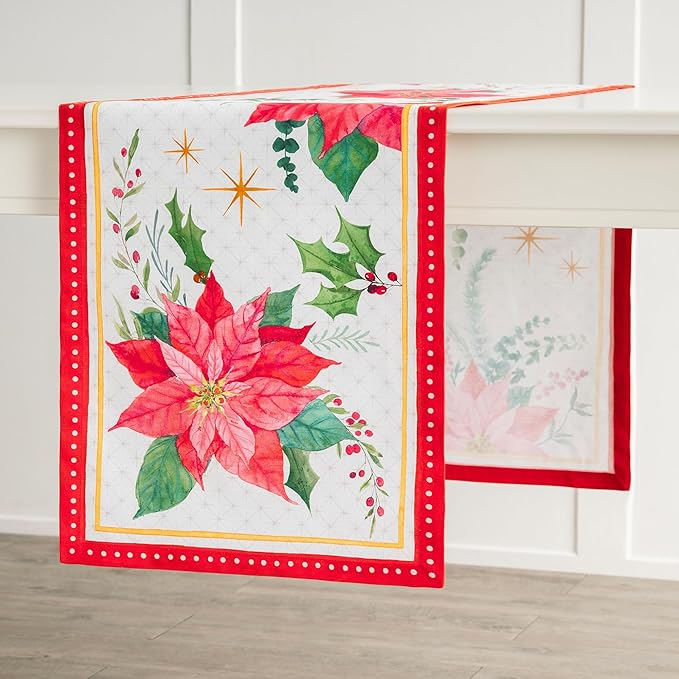 Maison d' Hermine Table Runner 100% Cotton Single Layer Table Runners 108 inches Long for Thanksgiving Christmas Decorations Home Kitchen Dining Party Wedding (Poinsettia Christmas, 14.5" x 108")