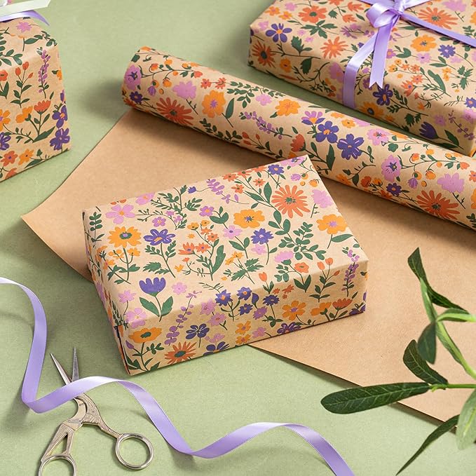 WRAPAHOLIC Kraft Floral Wrapping Paper Roll - Mini Roll - 17 Inch x 16.5 Feet - Vintage Flower Wrapping Paper, Perfect for Wedding, Birthday, Bridal Shower, Tea Party