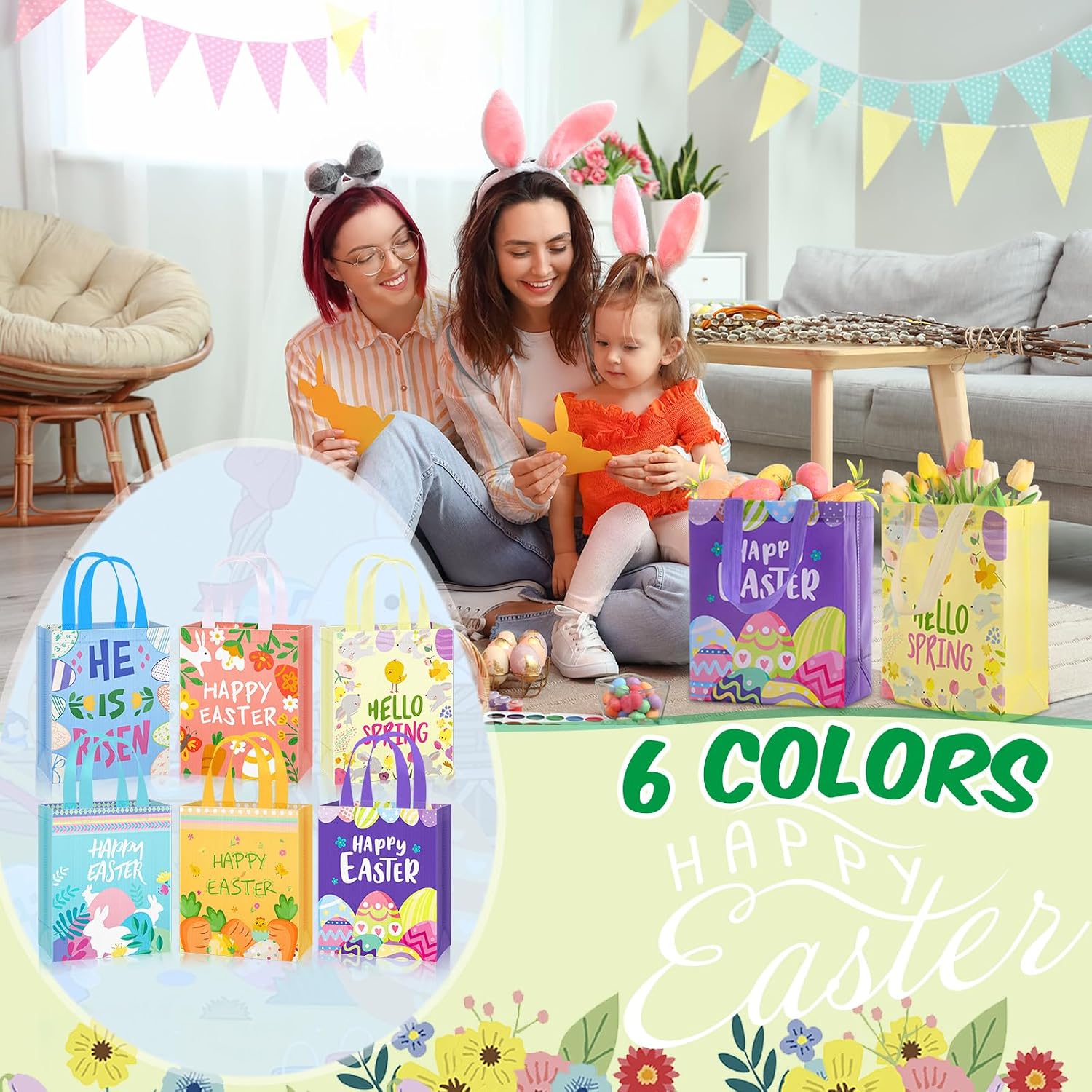 Clysee 12 Pcs Easter Gift Bags 10.2" x 8.3" Non Woven Easter Tote Bags with Handle Large Easter Bulk Treat Bags for Easter Holiday