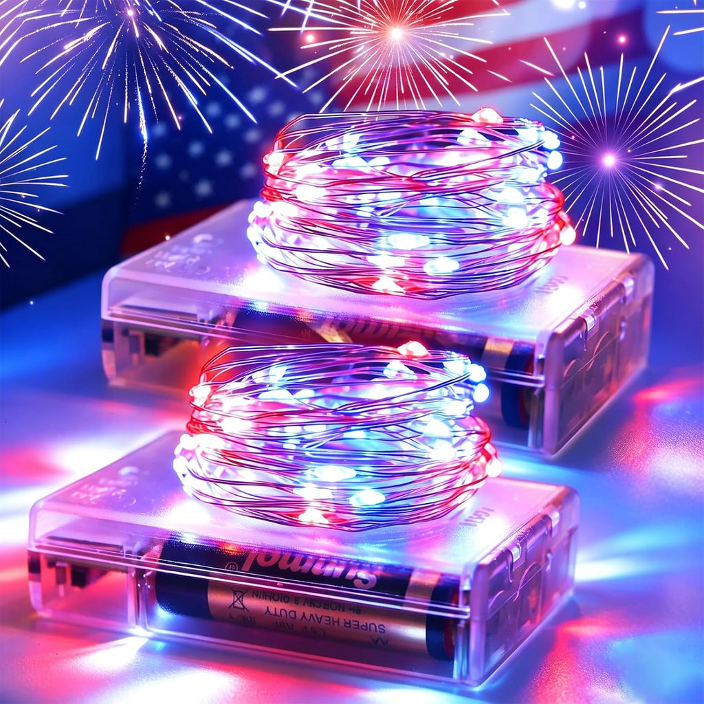 4th of July Patriotic Decorations, Red White Blue Fairy String Lights, Battery Operated with Timer, 2 Pack Total 33FT 100 Led Mini Battery Powered Mason Jar Firefly Lights DIY Party Memorial Day