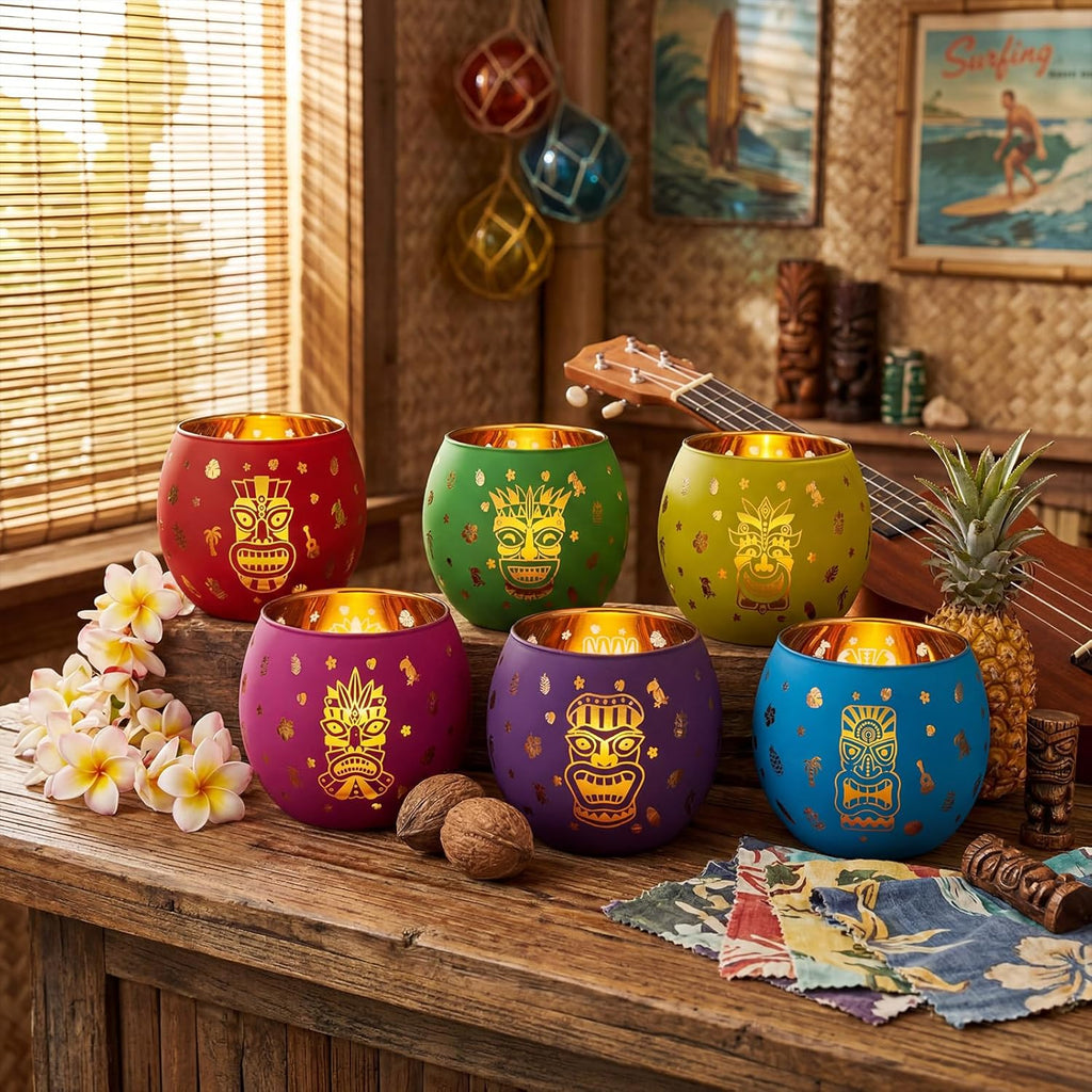 Jingmore 6 Pcs Hawaiian Luau Party Decoration Tiki Votive Candle Holder Tiki Torches Glass Candle Holder Tropical Flower Tealight Holders with 6 Laser Engraving Pattern for Hawaiian Aloha Summer Party