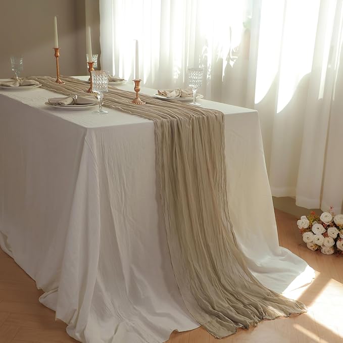 Snowkingdom 10 FT Nude Brown Cheesecloth Table Runner, 120 inch Long Cheese Cloth Boho Rustic Gauze Sheer Runner for Wedding Party Baby Shower Birthday Christmas Holiday Table Decorations
