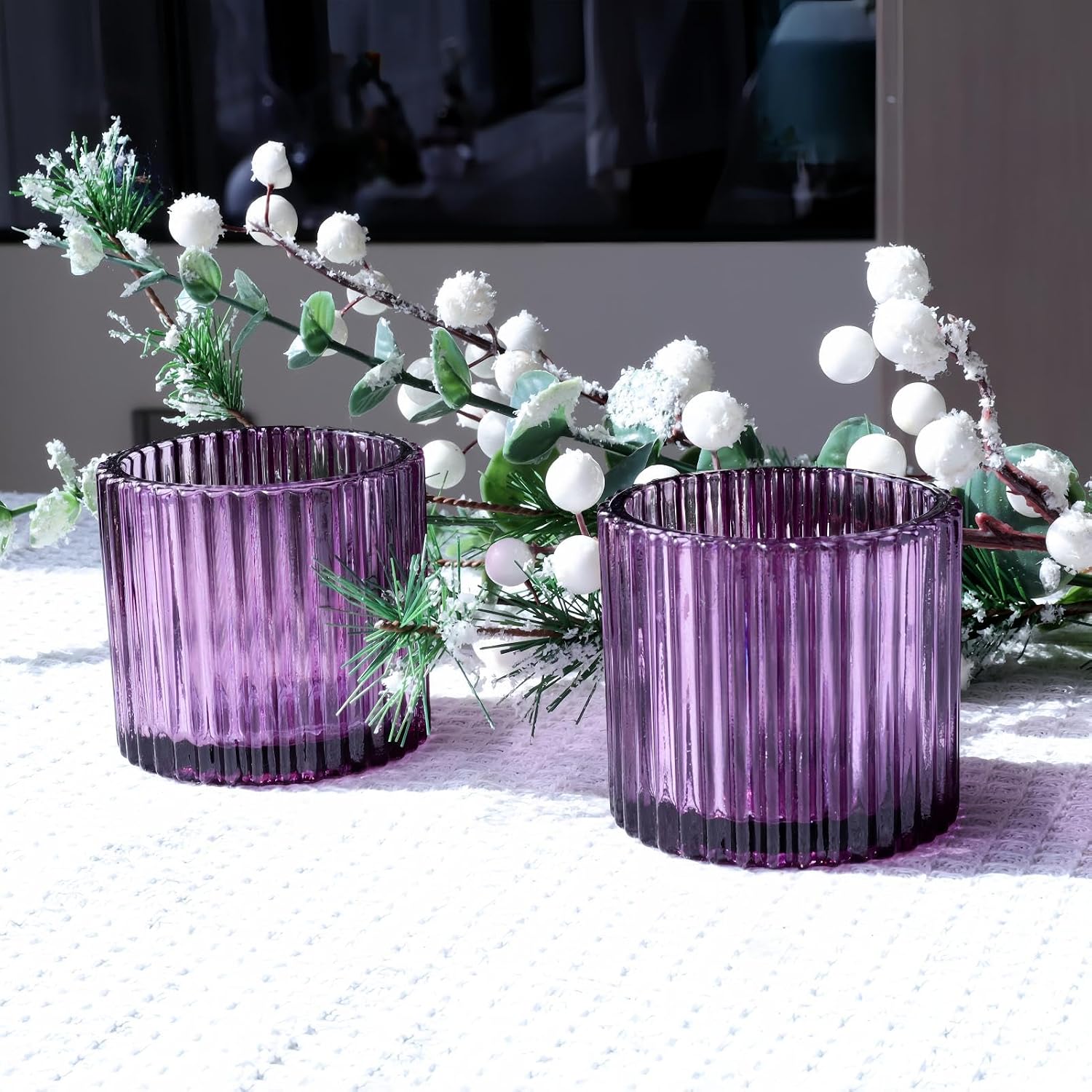 VOHO Large Votive Candle Holders for Table Centerpiece, 6pcs Purple Glass Ribbed Candle Holder for Halloween Decorations, Vintage Tealight Candle Holder for Baby Shower/Easter/Diwali(2.75"W x 2.56"H)