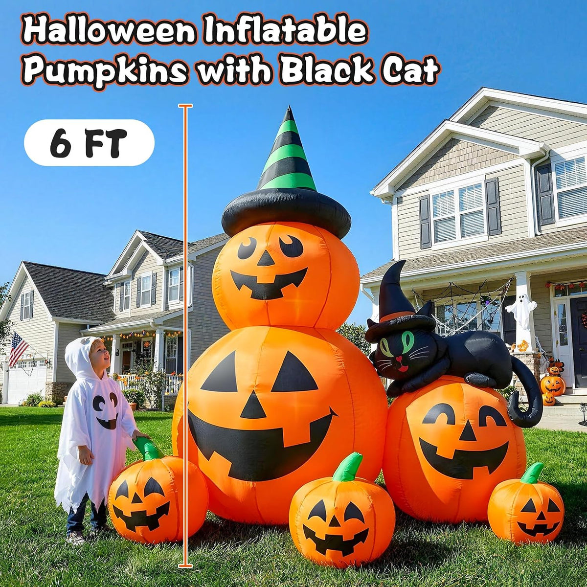 6 FT Halloween Inflatable Pumpkins with Witch’s Black Cat, Spooky Blow up Out...