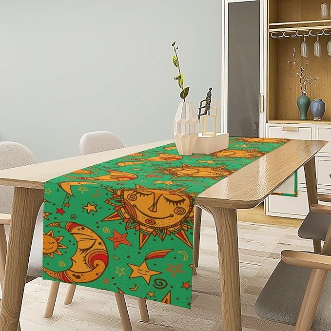 Boho Moon Table Runner, Phase of The Moon Star Sun Cartoon Pattern Table Runner for Kitchen Living Room Home Party 13x108 Inch