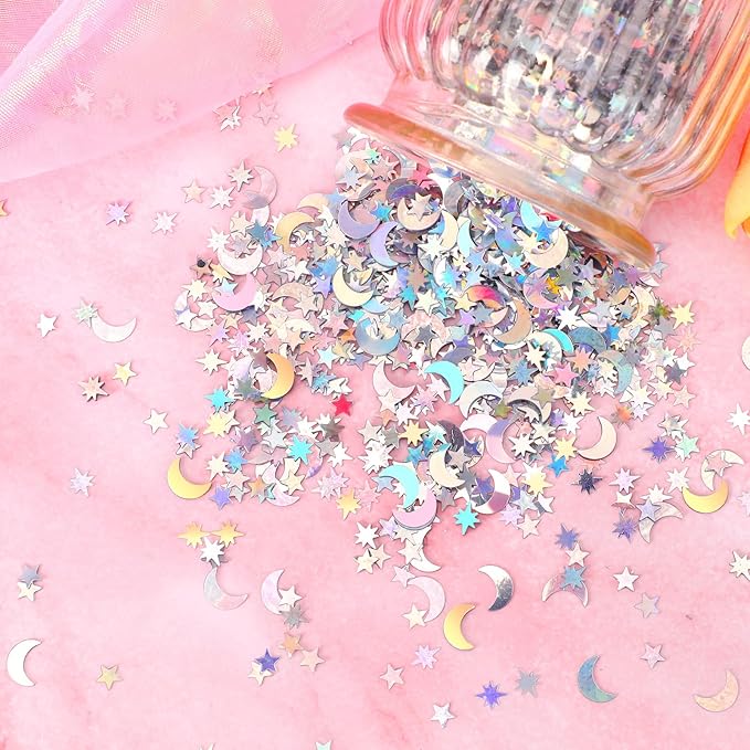 MARFOREVER Holographic Star Moon Confetti, Glitter Birthday Star Scatter Table Confetti Iridescent Sequins Sprinkles Metallic Foil Moon Stars for DIY Wedding Festival Party Decorations(10 mm, Silver)