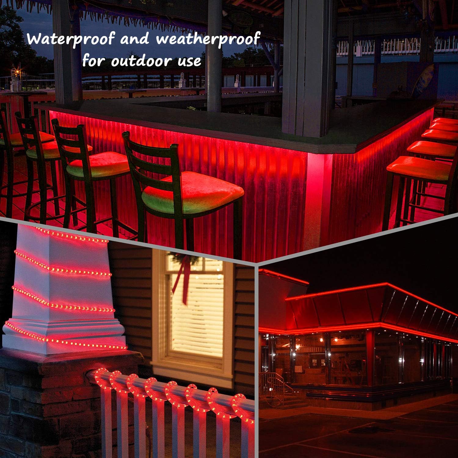 Outdoor 16ft Red LED Rope Lights, 120V IP65 Waterproof | 108 LEDs, IP65 PVC tube, ETL plug, clips and screws; connects up to 192ft for outdoor runs