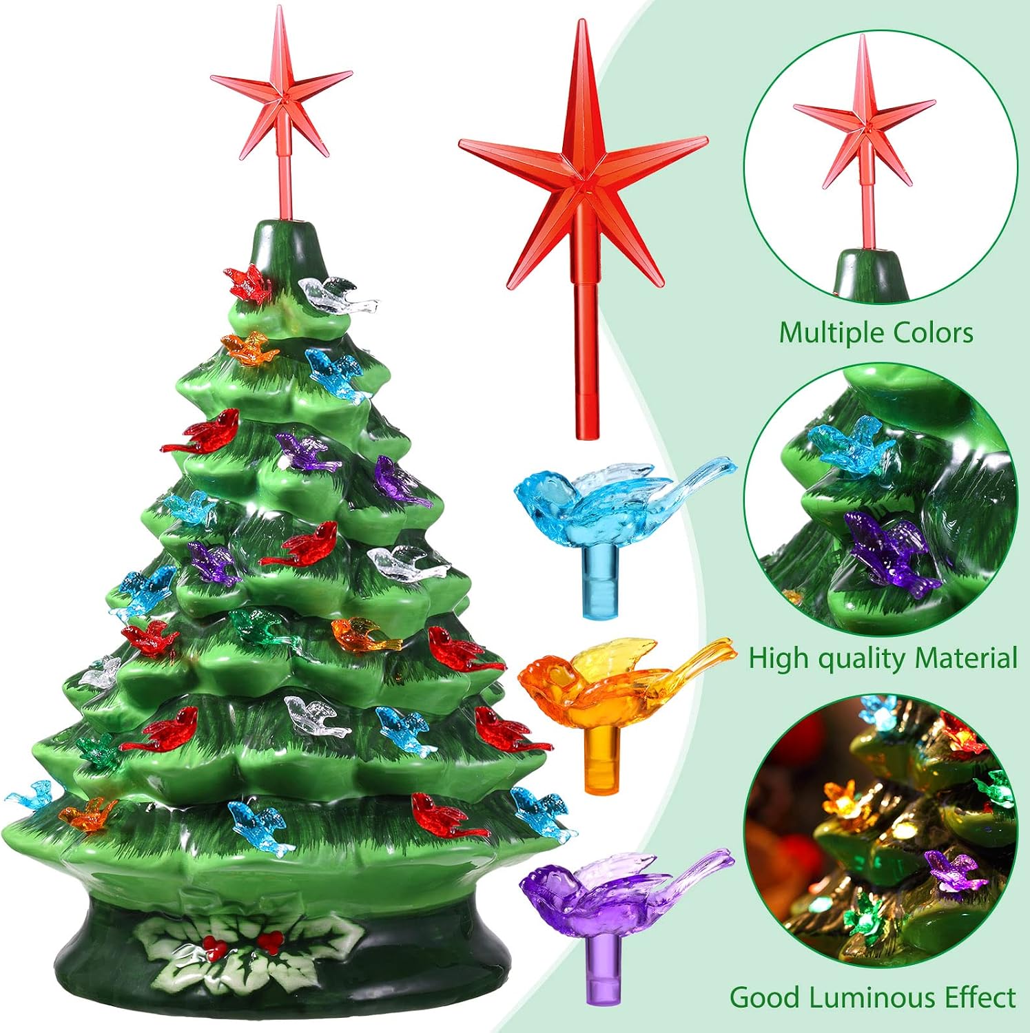 Mudder 120 Pcs Ceramic Bulbs Medium Bird Bulbs 5 Pcs Stars Replacement Plastic Light for Ceramic Tree Top Decorations, Multi Color