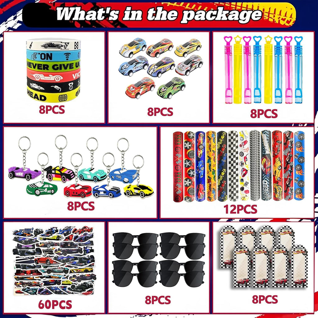 120PCS Race Car Party Favors Set, Car Birthday Decorations Including Slap Bracelets, Keychains, Gift Bags, DIY Stickers,Racing Glasses ,Bubble Wands, Race Car Birthday Supplies