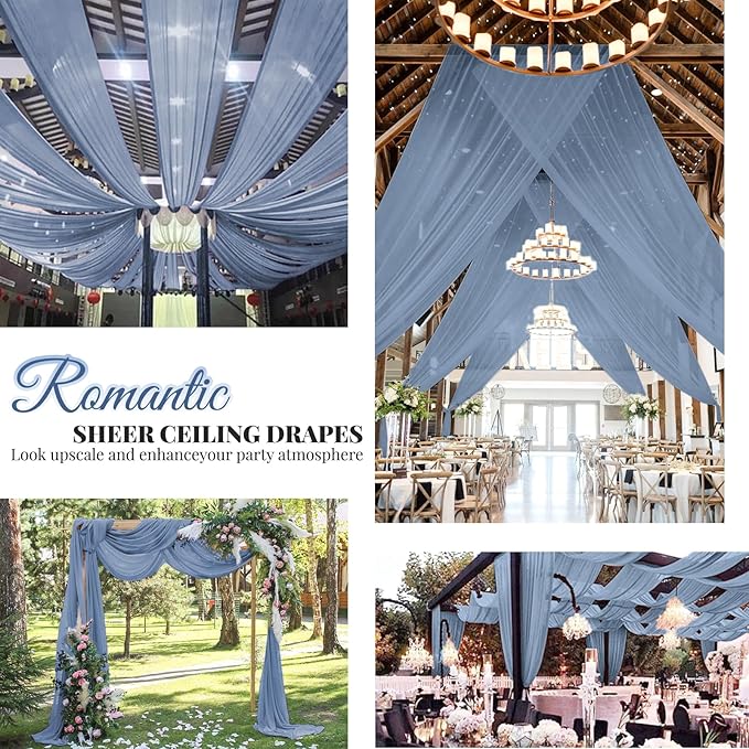 6 Panels Dusty Blue Wedding Ceiling Drapes 5ftx20ft Ceiling Drapes Chiffon Fabric Arch Draping Sheer Curtains Soft Drapery Draping Wedding Ceiling Decorations for Party Ceremony Stage Swag