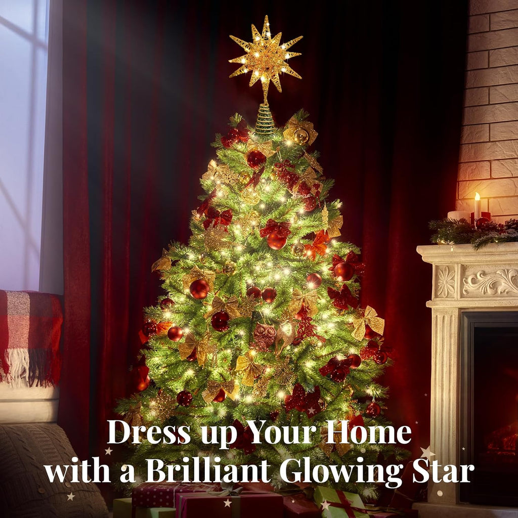 Lewondr Christmas Tree Topper, Plug in 3D Starburst Xmas Lighted Star Tree Topper, Remote Control & Timer Light Up Vintage Moravian Tree Topper for Christmas Decoraiton, Warm Light, Gold