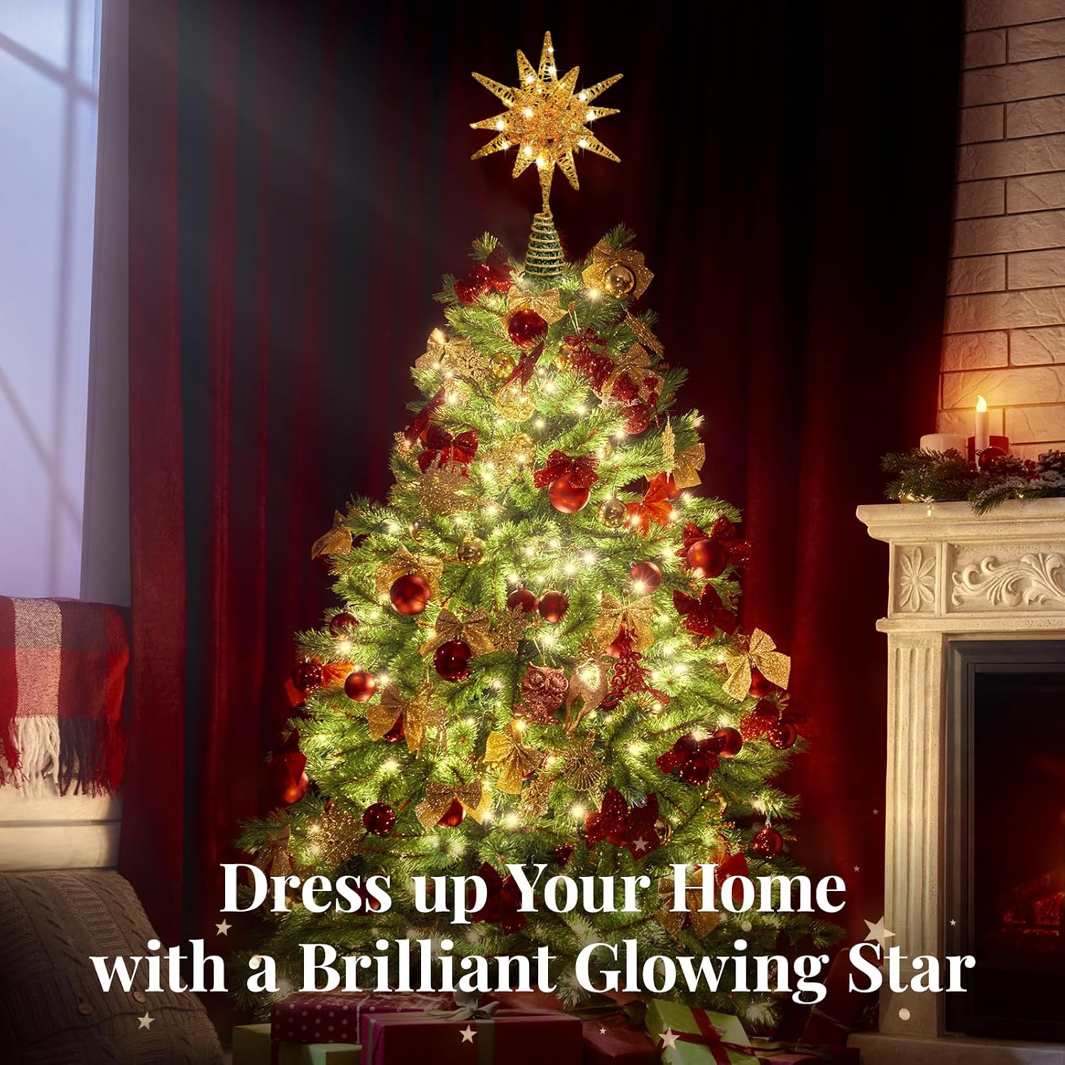 Lewondr Christmas Tree Topper, Plug in 3D Starburst Xmas Lighted Star Tree Topper, Remote Control & Timer Light Up Vintage Moravian Tree Topper for Christmas Decoraiton, Warm Light, Gold