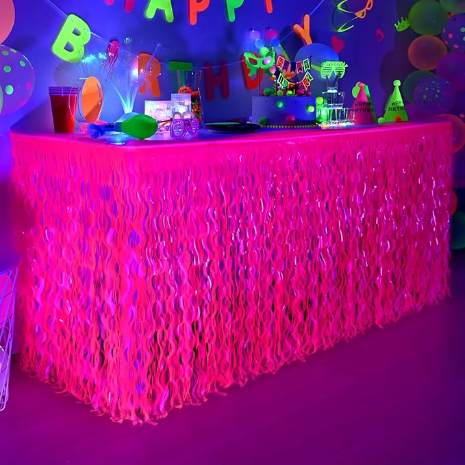 Mega-L Glow in The Dark Party Supplies, 2 Pack Neon Party Decorations Fluorescent Macaron Fuchsia Wavy Metallic Tinsel Foil Fringe Table Skirts, Perfect Table Decors for Glow Birthday Decor