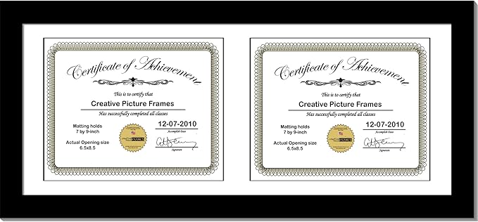 Creative Picture Frames 10X20Bk-W Black Horizontal Double Diploma Frame With 2 Opening White Matting | Holds 2-7X9-Inch Documents With Installed Wall Hanger