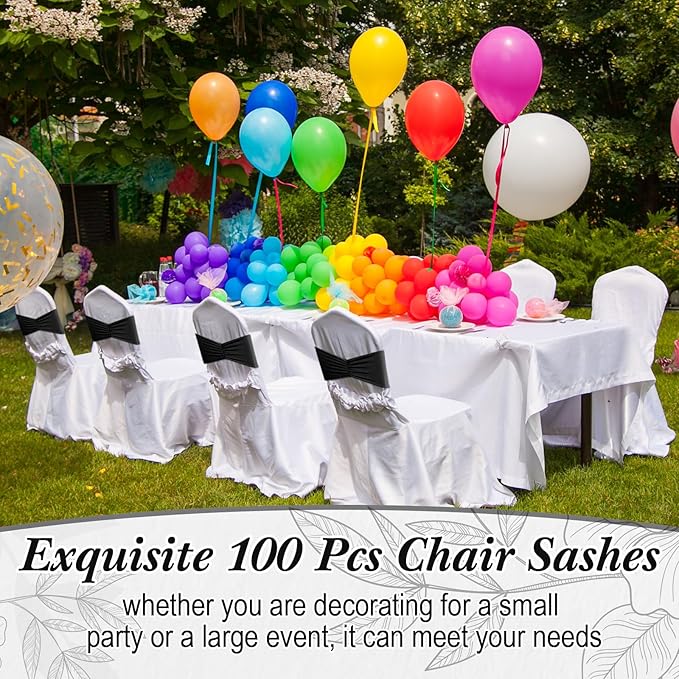 Moukeren 100 Pcs Spandex Chair Sashes Bows Bands Slider Sashes for Chair Covers Elastic Bands Ties Ribbon Decorations for Wedding Party Events Ceremony Birthday Banquet(Black)