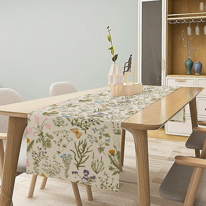 Wildflowers Floral Table Runner, Retro Flower Butterfly Seasonal Spring Summer Kitchen Dinning Table Runner for Indoor Outdoor Home Wedding Party Holiday, 13x108 Inch