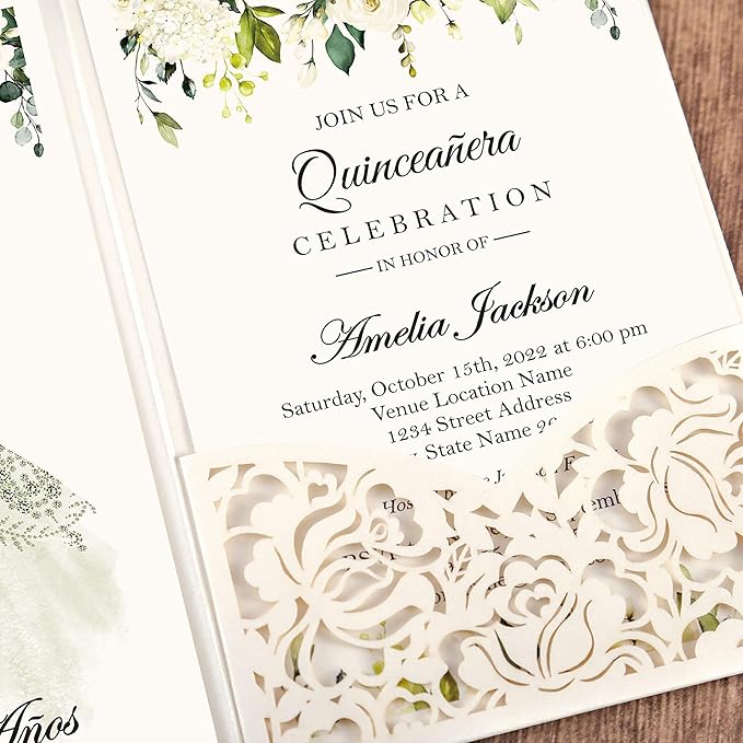 DORIS HOME 50pcs Laser Cut Quinceanera Invitations Green and Ivory White, 4.7x7.1 Blank Quince Invitations for 15th Birthday, Invitation cards for Sweet 16 with Envelopes