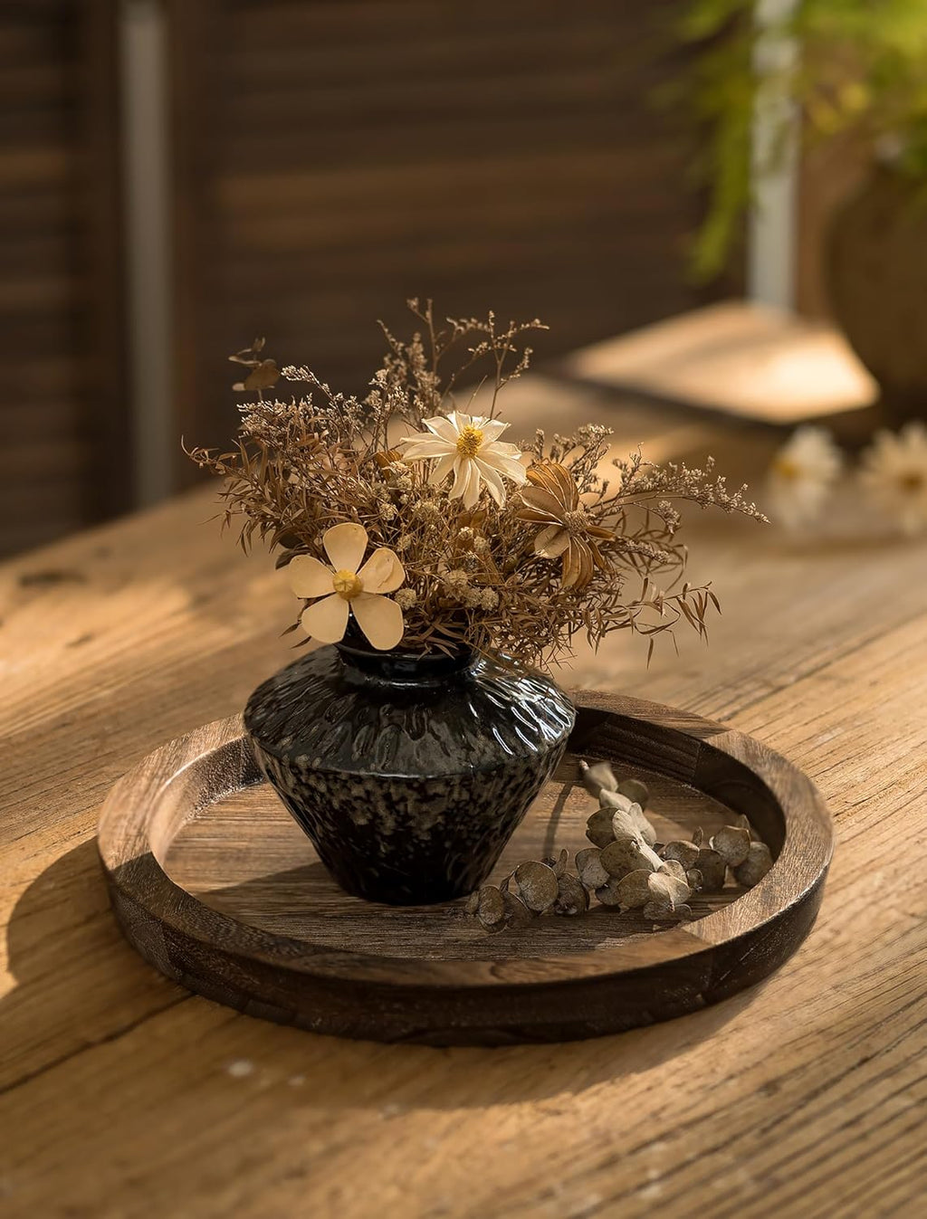 Hanobe Candle Plate Holder Tray: Round Wood Decorative Candle Plate - Rustic Farmhouse Coffee Table Decor - Tealight Pillar Trays for Home Decor (Distressed)
