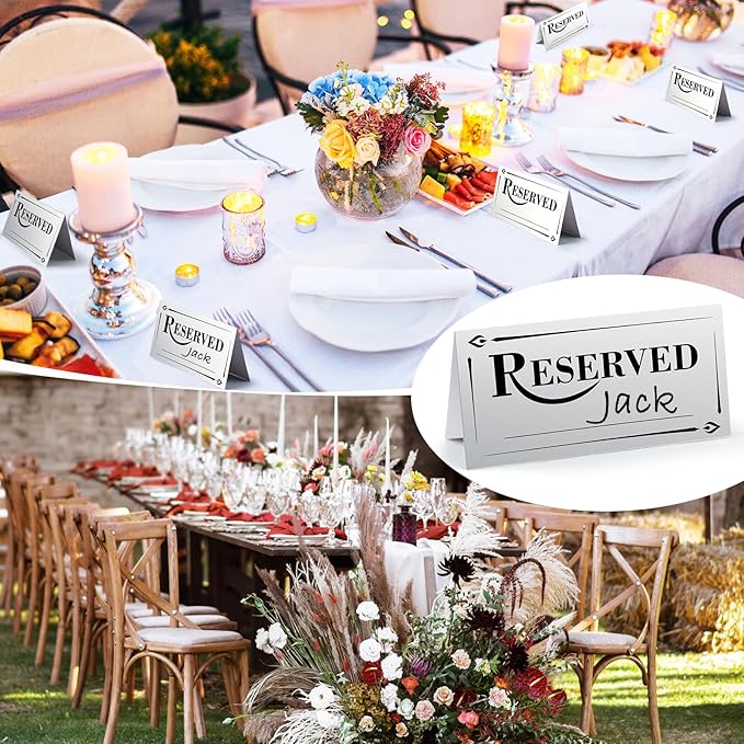 300 Pcs Paper Table Reserved Sign with Name Line Reserved Seating Signs Bulk Double Sided Signs for Reserving Seats Restaurant Wedding Reception Church Board Business Meeting (Silver Black)