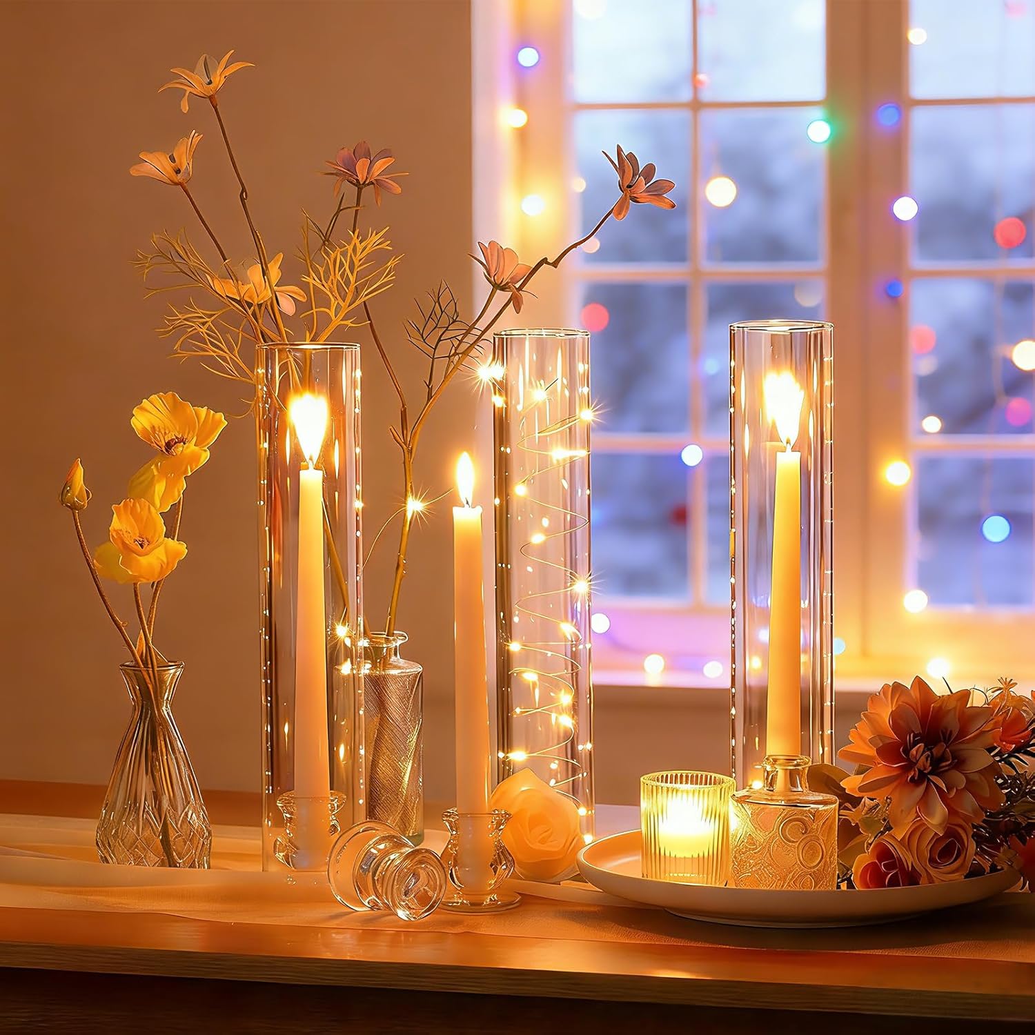 Hurricane Glass Candle Holders Set of 16, 11.8" H Clear Cylinder Windproof Candle Holder Chimney Tubes, Taper Glass Candlestick Holders for Home Decor Wedding Party Table Centerpieces