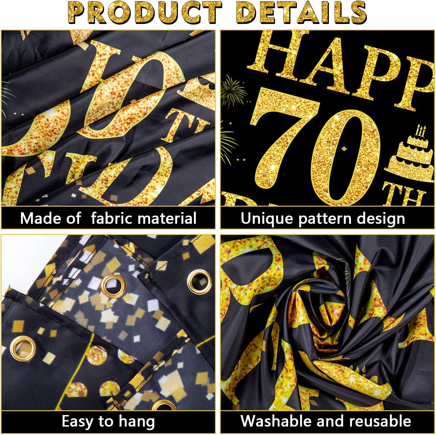 70th Birthday Decorations Happy 70th Birthday Banner for Men Women Black Gold 70 Years Birthday Party Decorations Background for Home Birthday Decor(71 x 45 inch)