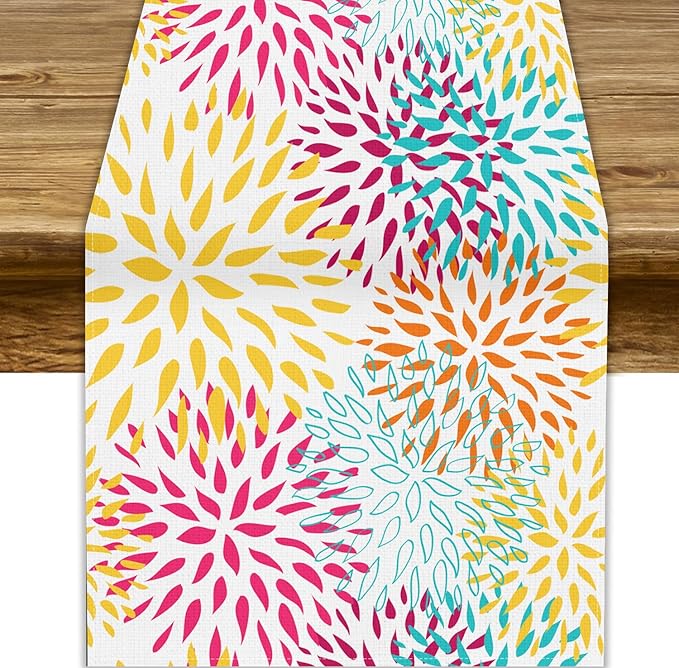 Abstract Flowers Table Runner, Chrysanthemum Dahlia Vintage Modern Colorful Spring Summer Elegant Table Runner for Party Kitchen Dining Living Room Laundry Room Decor, 13x120 Inch
