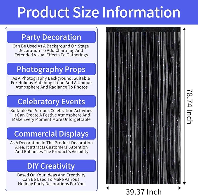 Picoway 4 Pack Foil Fringe Tinsel Backdrop Curtains, Birthday Engagement Bachelorette Party Decorations, Photo Booth Props Door Streamers Curtain (Black)